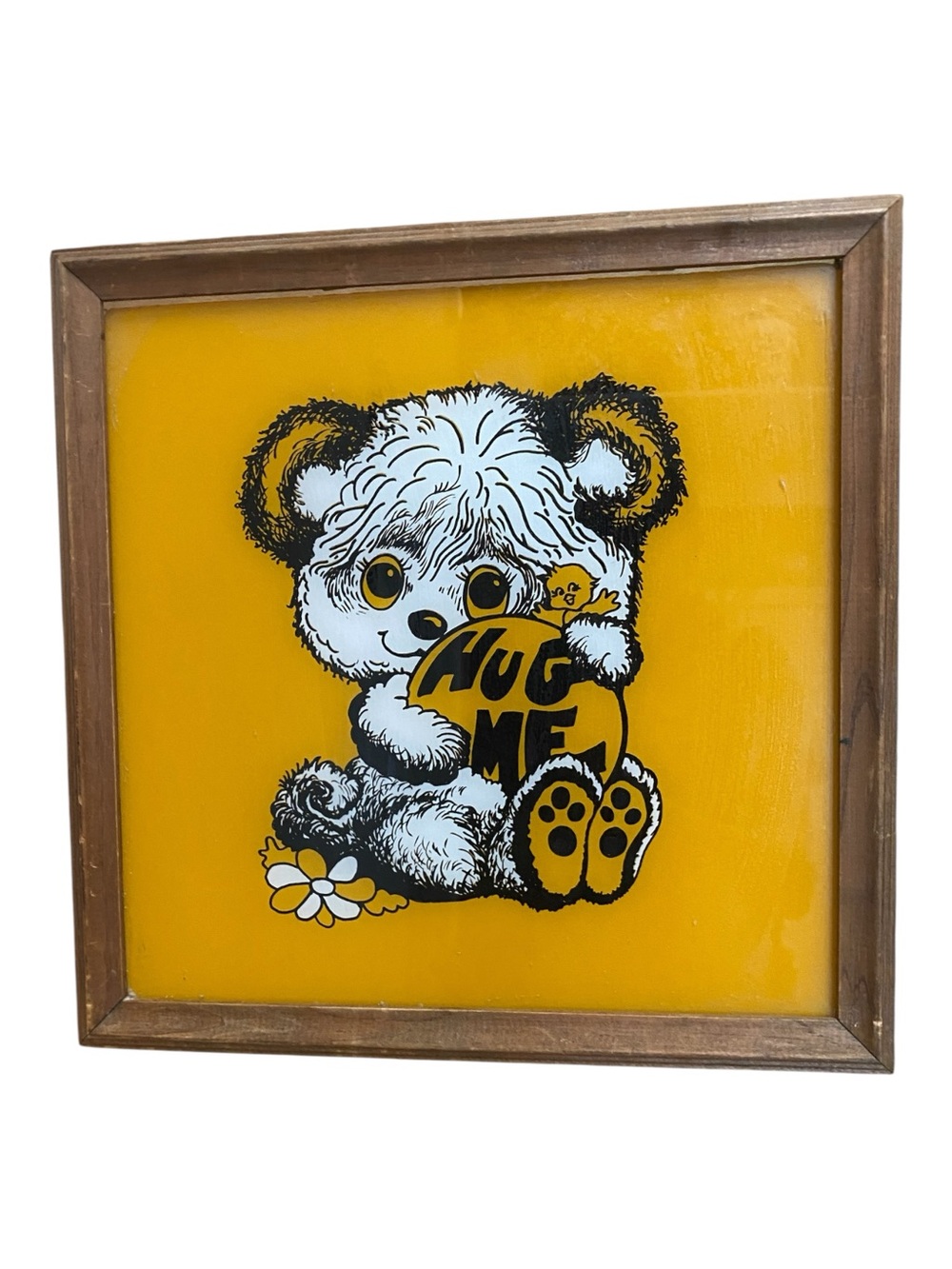 Vintage 1980s Teddy Bear Big Eyes Lithograph Print Hug Me Yellow Retro Unique